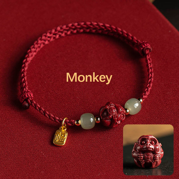 Pulsera de cuerda de la suerte con carácter de Jade Hetian del zodíaco chino cinabrio Natural de Buddha Stones