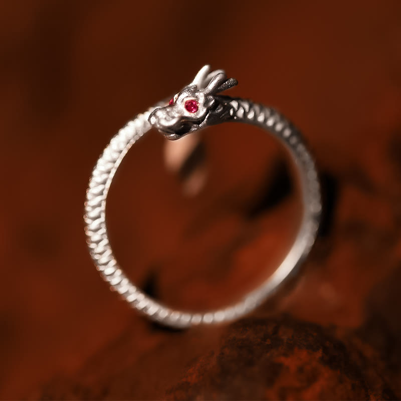 Anillo ajustable de plata de ley 925 con Buddha Stones , diseño vintage del Año del Dragón, protección de la suerte