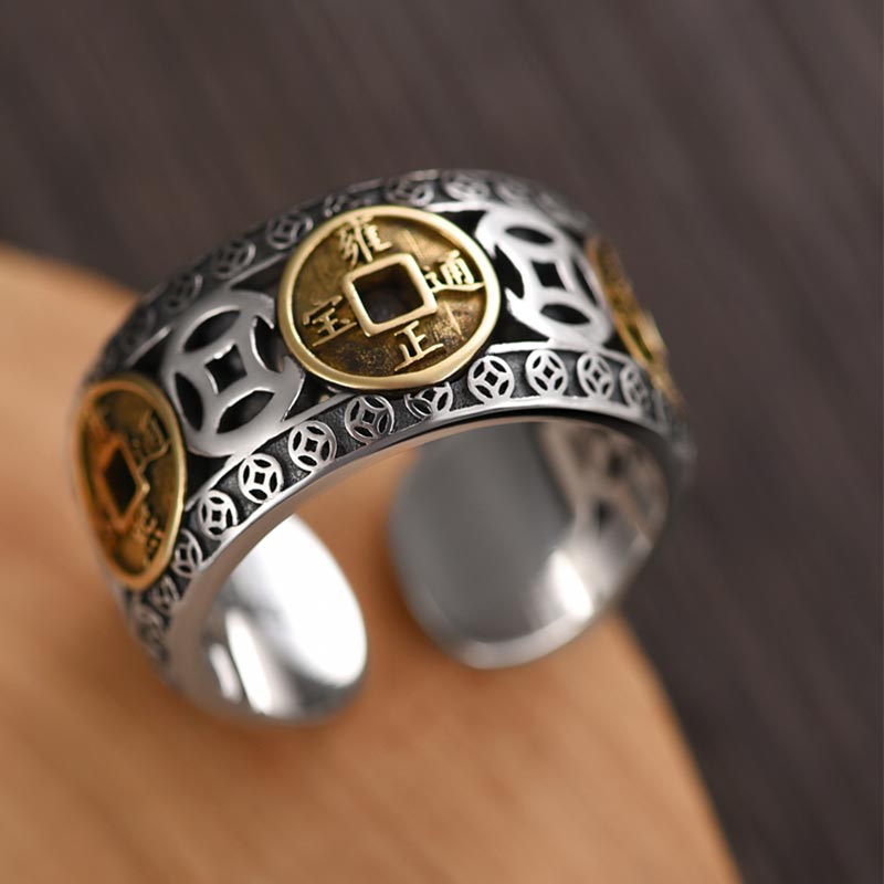 Anillo ajustable con equilibrio de monedas de cinco emperadores y Buddha Stones