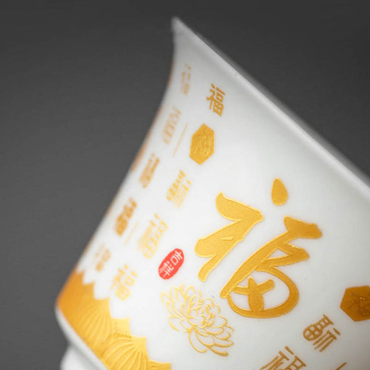 Taza de té y platillo con tapa, taza de té de cerámica Gaiwan, Sutra de corazón budista con Buddha Stones, pequeño personaje Fu