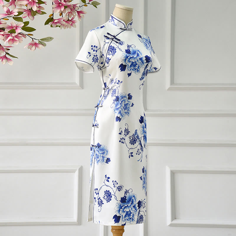 Vestido Cheongsam con estampado de flores de peonía de Color porcelana azul y blanca con Buddha Stones vestido Qipao para mujer - image 2