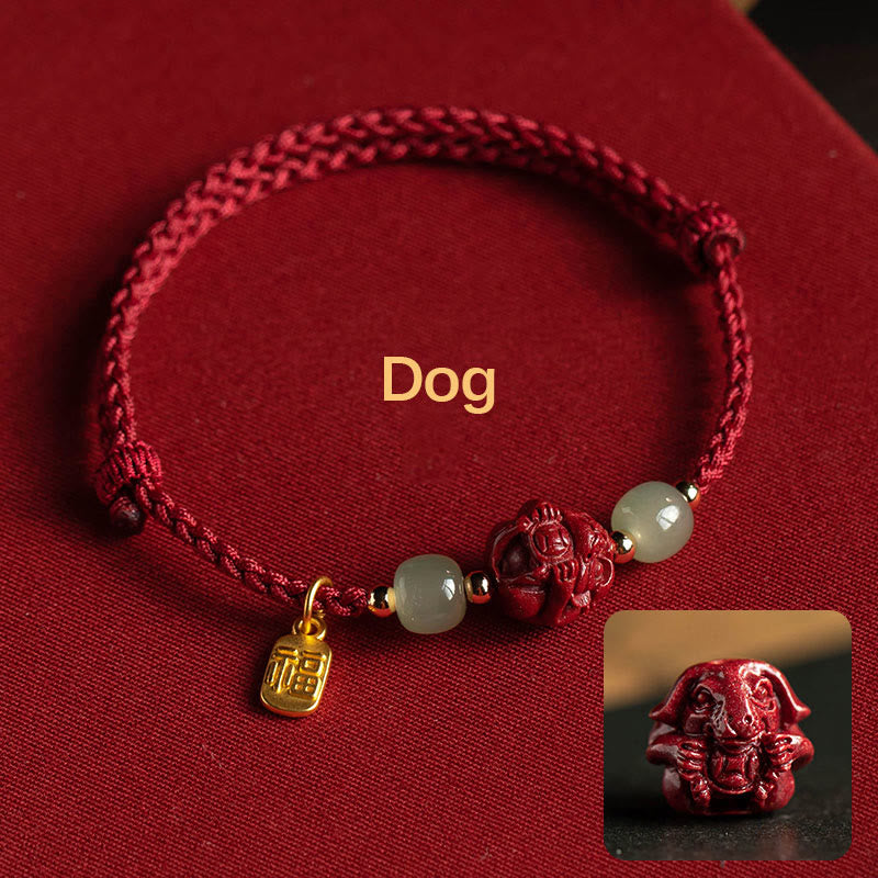 Pulsera de cuerda de la suerte con carácter de Jade Hetian del zodíaco chino cinabrio Natural de Buddha Stones