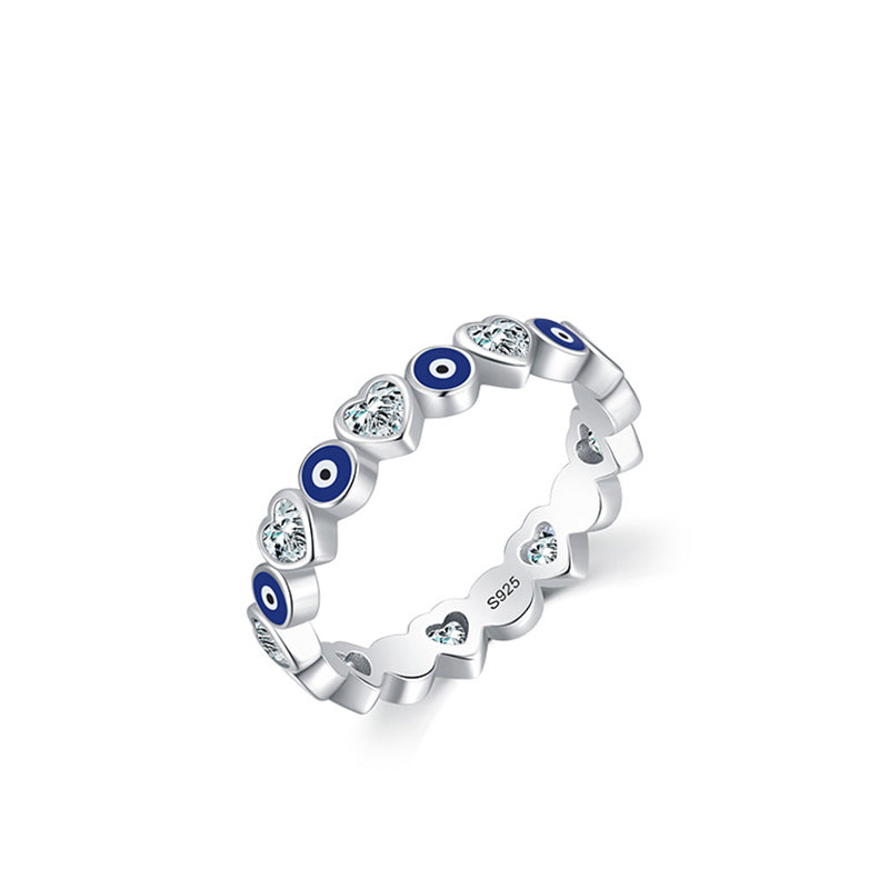 Anillo de bendición de circonita con forma de corazón de amor y mal de ojo de plata de ley 925 con Buddha Stones
