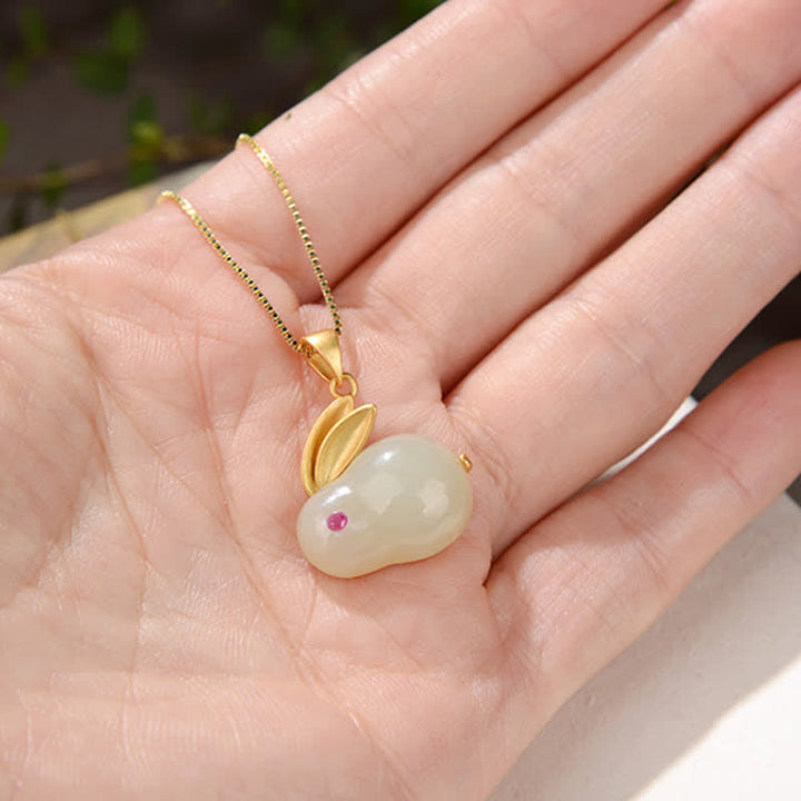 Buddha Stones Plata de Ley 925 Año del Conejo Hetian Jade Anillo de la Suerte Pendientes Collar Colgante