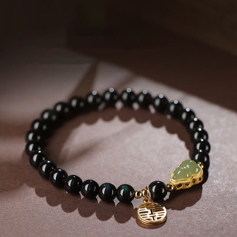 Pulsera de fuerza de doble felicidad con calabaza de jade hetiano de obsidiana negra natural