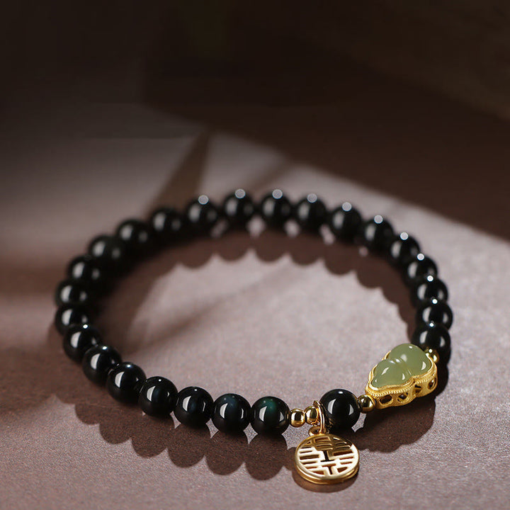 Pulsera de fuerza de doble felicidad con calabaza de jade hetiano de obsidiana negra natural
