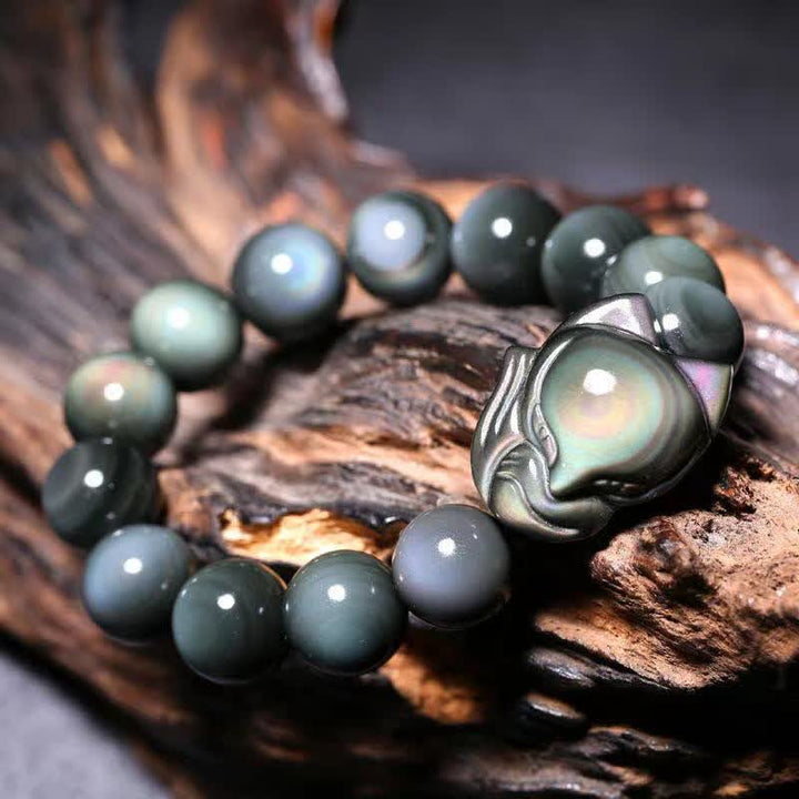 Pulsera positiva curativa de zorro obsidiano arcoíris con Buddha Stones - Obsidiana arcoíris de 16 mm (cambia de color con la luz) - image 0