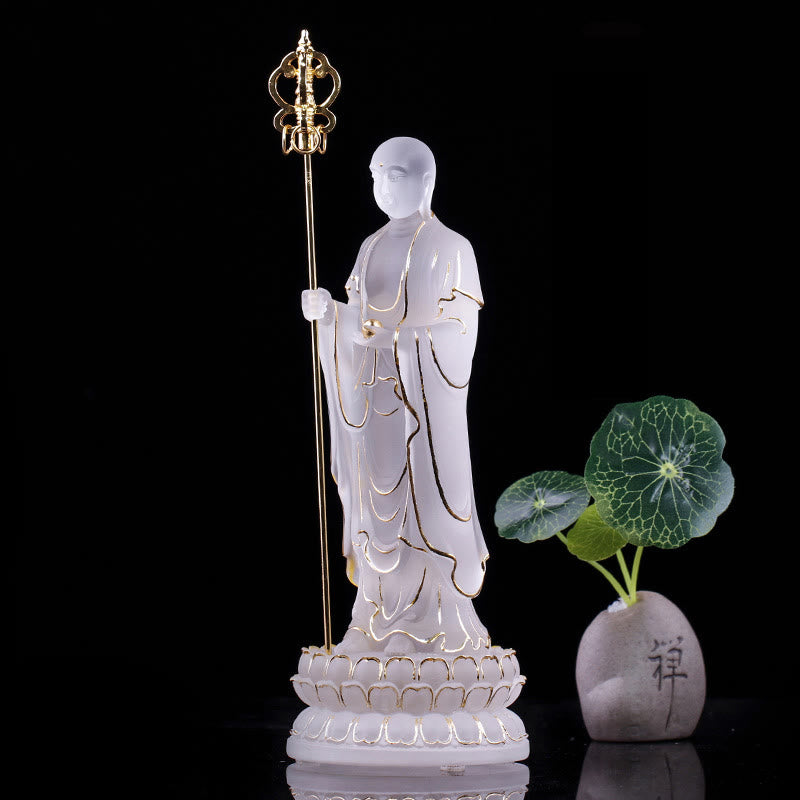 Buddha Stones hechas a mano, estatuilla de Bodhisattva Ksitigarbha, pieza de arte de cristal Liuli, estatua de serenidad, decoración del hogar - Blanco y dorado 7,8 x 7,8 x 20 cm - image 13