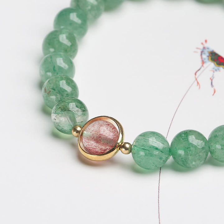 Pulsera de cuentas relajantes de cuarzo fresa verde natural con Buddha Stones