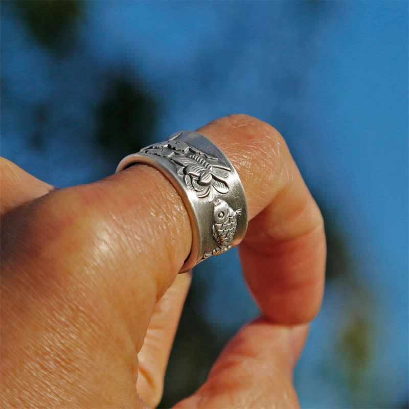 Anillo de plata de ley 999 con diseño de corazón de loto y pez koi de la suerte