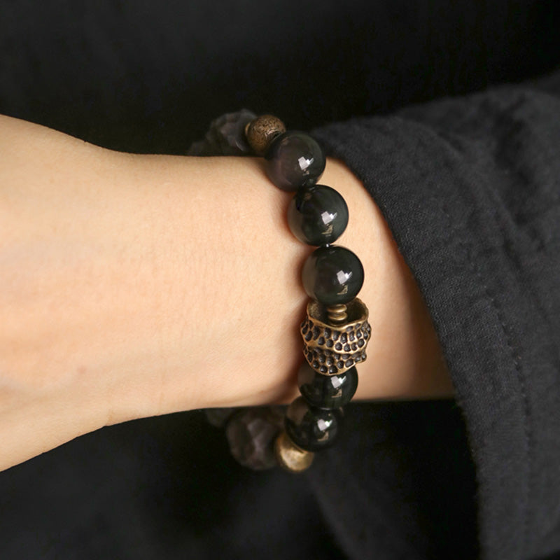 Pulsera de pareja de fuerza de cobre de madera de ébano de obsidiana negra con Buddha Stones