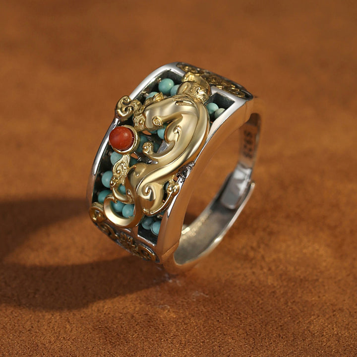 Anillo de protección de ábaco PiXiu de ágata roja turquesa de plata de ley 925 con Buddha Stones