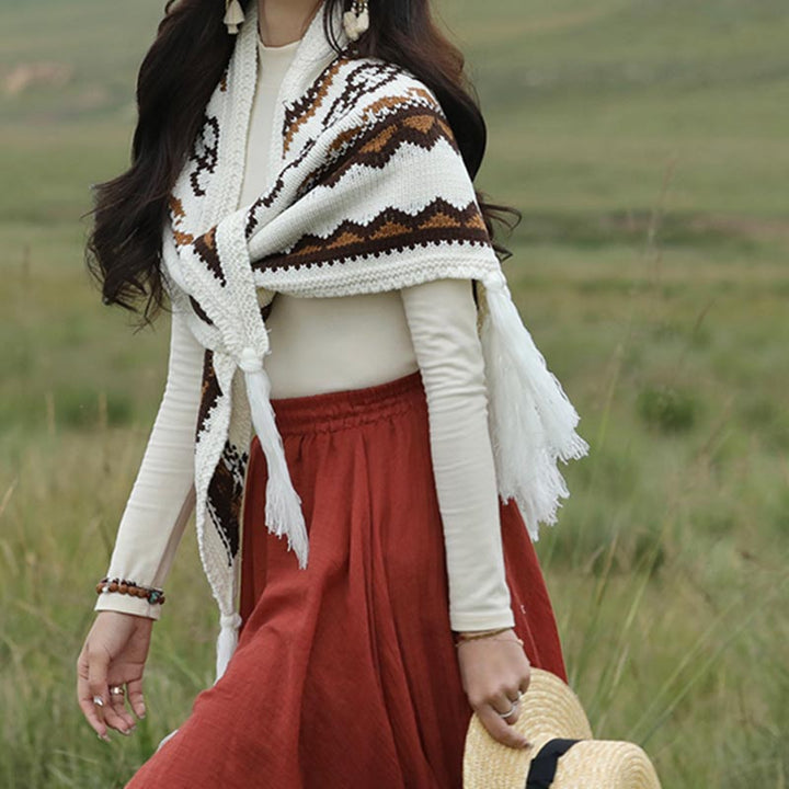 Mantón triangular tibetano con Buddha Stones, borlas a rayas, bufanda de viaje acogedora para invierno