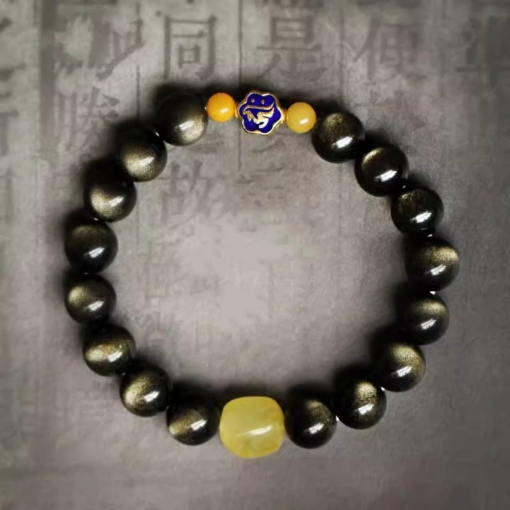 Pulsera de protección de la riqueza, Plata de Ley 925 con Buddha Stones , zodíaco chino, Buda natal, brillo de oro Natural, obsidiana, ámbar - image 3