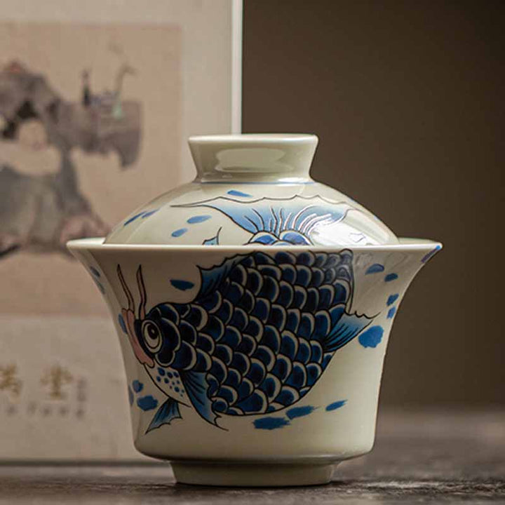 Buddha Stones Koi Arowana cerámica Gaiwan Sancai taza de té Kung Fu con tapa 130ml