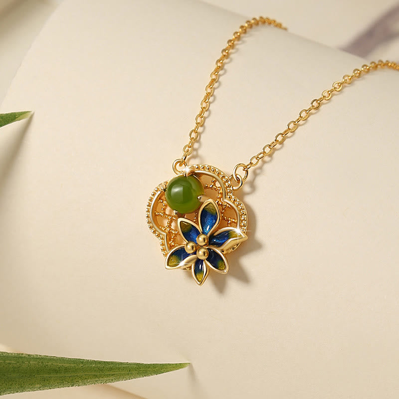Juego de pendientes y pulsera con colgante de plata de ley 925 con Buddha Stones, flor de trébol de cuatro hojas, perla de Jade cian hetiano, curación
