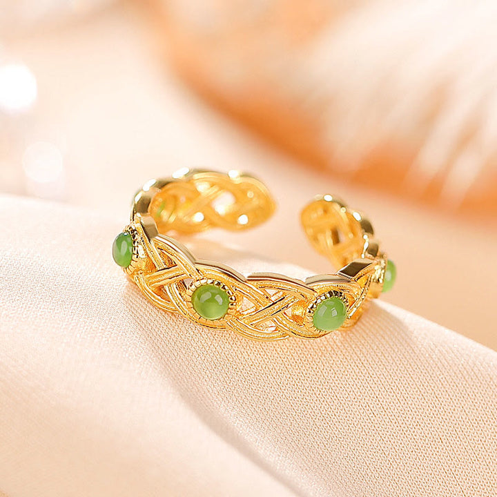 Anillo ajustable con diseño trenzado de jade cian y oro chapado en plata de ley 925 con Buddha Stones
