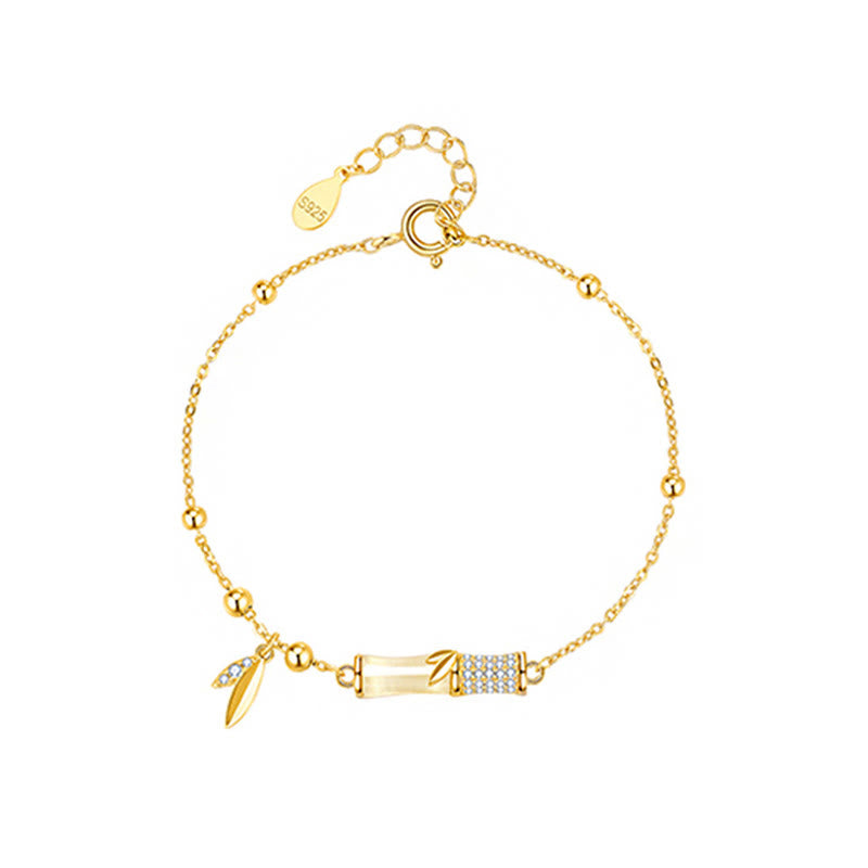 Pulsera de la suerte con hojas de circón de bambú y jade blanco chapada en oro de 18 quilates de plata de ley 925 con Buddha Stones