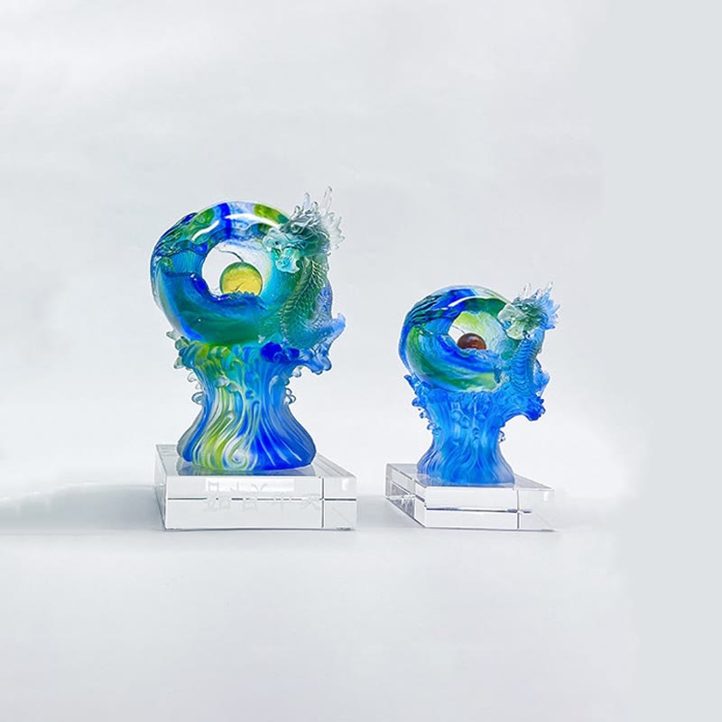 Buddha Stones hechas a mano, dragón azul Liuli, pieza de arte con cristal, protección del éxito, decoración para el hogar y la Oficina