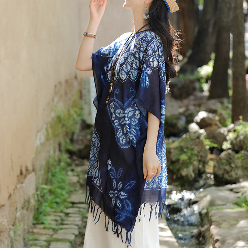 Jersey de viaje acogedor con borlas y chal Batik de mariposa azul con Buddha Stones 90*95cm
