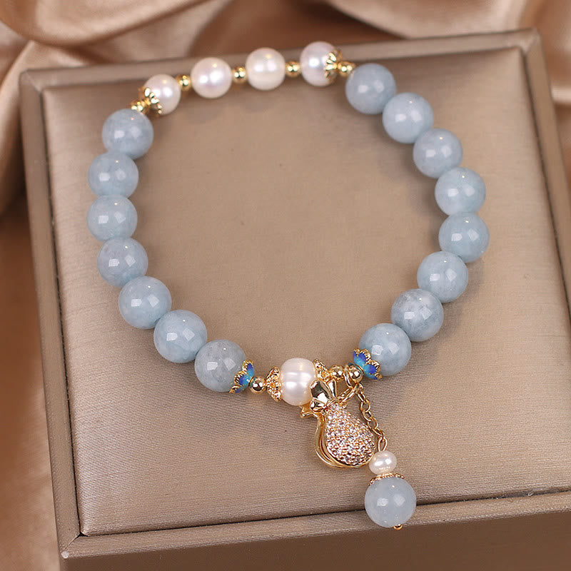 Pulsera con dije para bolsa de dinero con perlas de aguamarina y Buddha Stones