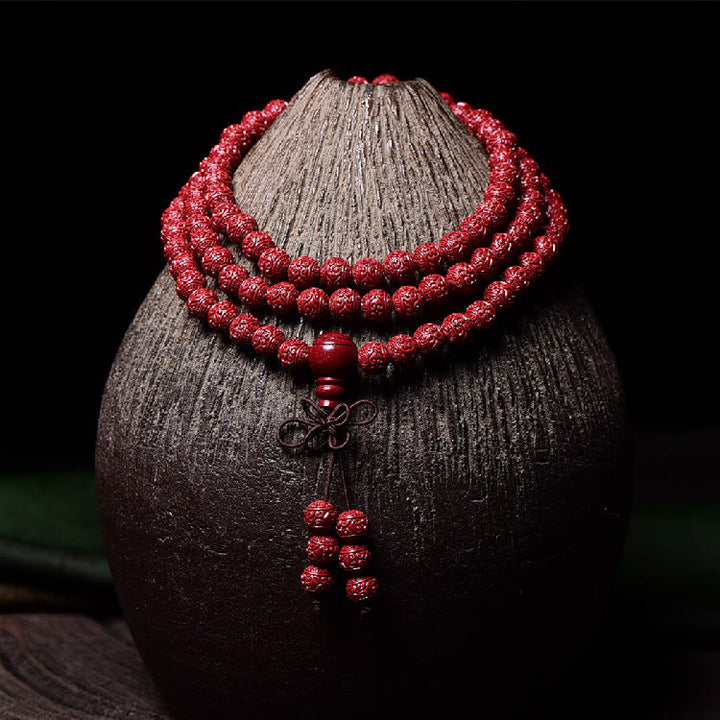 Buddha Stones 108 cuentas Mala cinabrio Om Mani Padme Hum patrón grabado pulsera de bendición