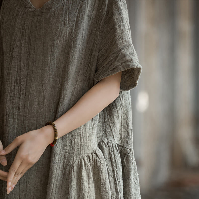 Vestido midi con cuello en V y teñido anudado hecho a mano con Buddha Stones Vestido de manga corta de lino