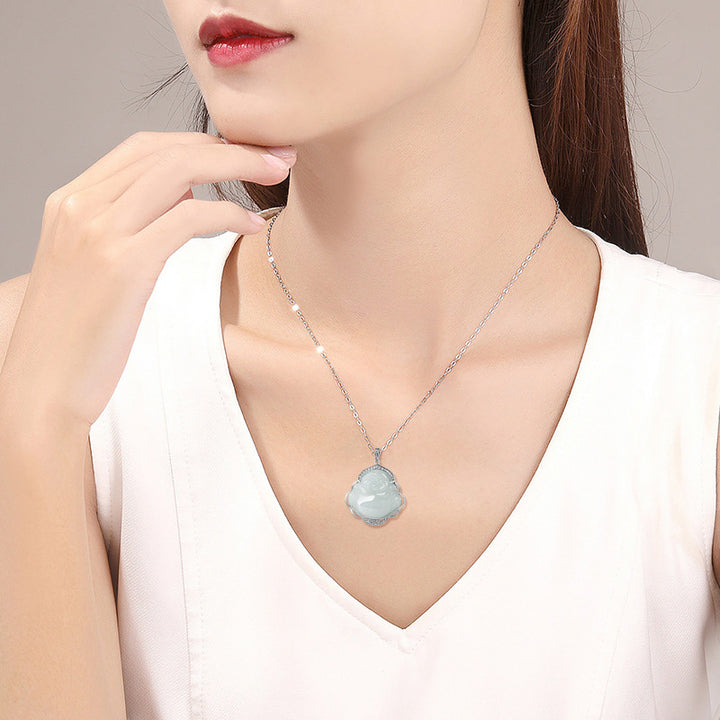 Collar con colgante de plata de ley 925 con Buddha Stones , diseño de Buda sonriente, jade natural - image 3