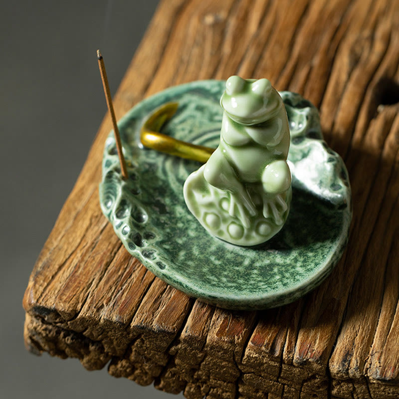 Quemador de incienso de cerámica curativo con patrón de rana para meditación de hojas de Buddha Stones, decoración