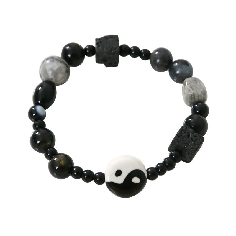 Pulsera de protección de la fortuna Yin Yang con cuentas de jaspe Picasso de ónix negro y Buddha Stones