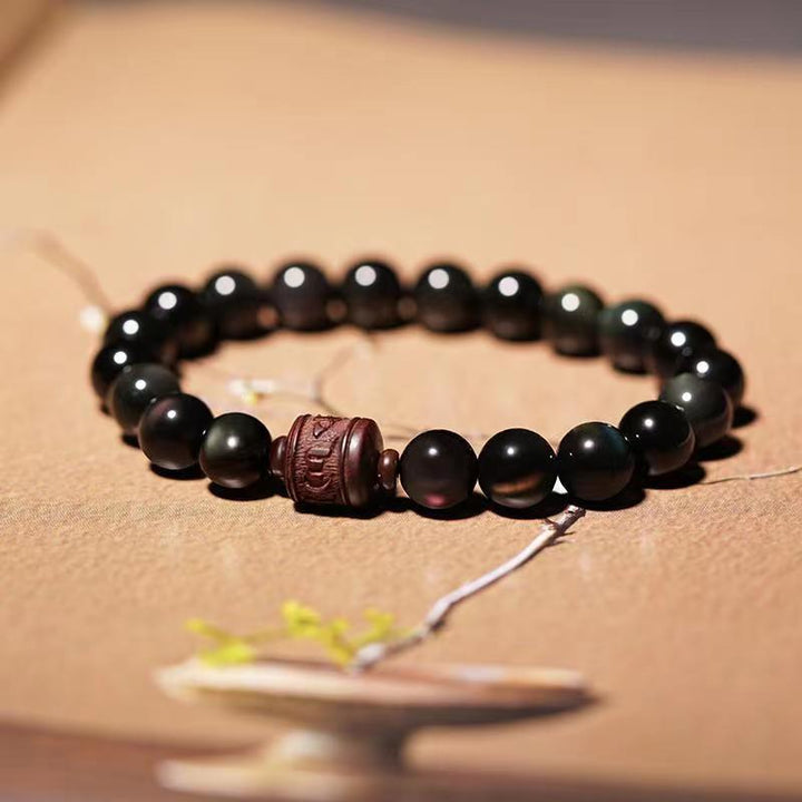Pulsera curativa con carácter de obsidiana arcoíris de obsidiana con brillo de oro natural con Buddha Stones Om Mani Padme Hum Fu
