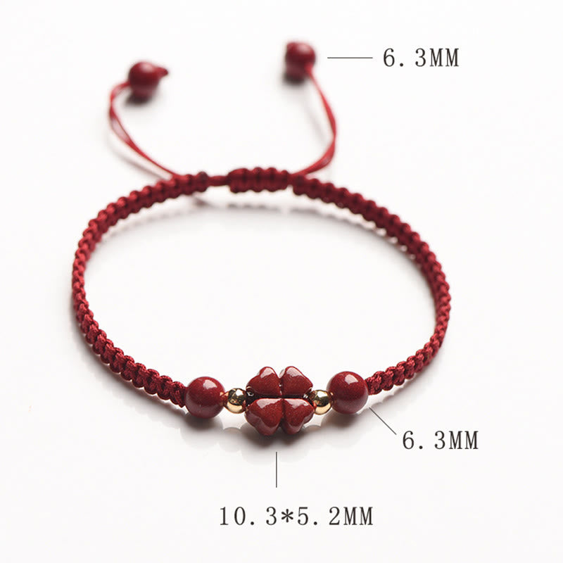 Pulsera de hilo rojo con Buddha Stones, trébol de cuatro hojas, flor de cinco pétalos, bendición de cinabrio