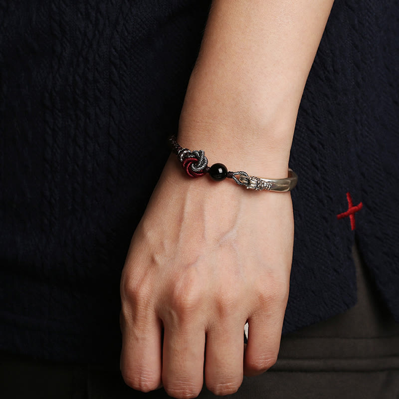 Pulsera trenzada hecha a mano con diseño de dragón auspicioso de plata de ley 925 con Buddha Stones