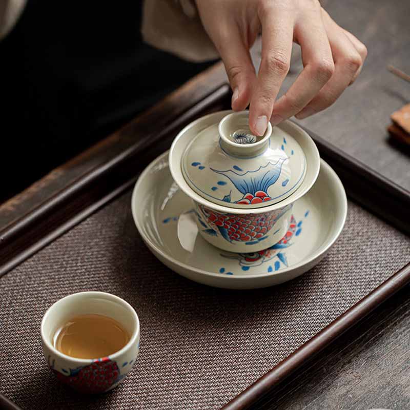 Buddha Stones Koi Arowana cerámica Gaiwan Sancai taza de té Kung Fu con tapa 130ml