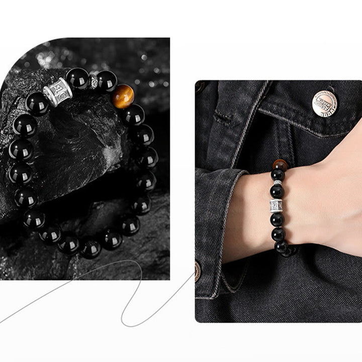 Pulsera de cumplimiento Om Mani Padme Hum de ojo de tigre de obsidiana negra de plata de ley 999 con Buddha Stones - image 9