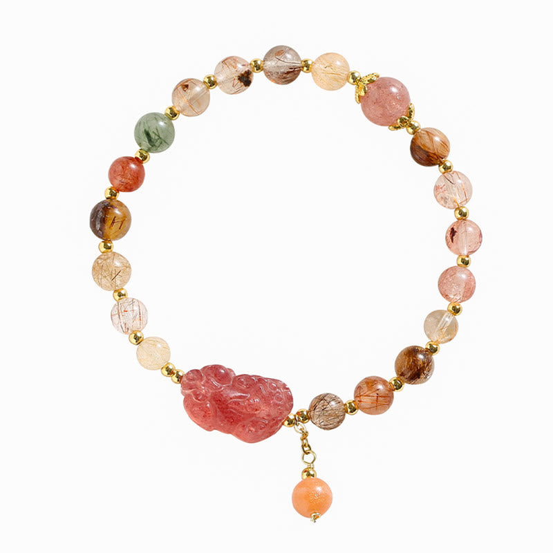 Pulsera de riqueza PiXiu de cuarzo fresa de cuarzo rutilado natural con Buddha Stones