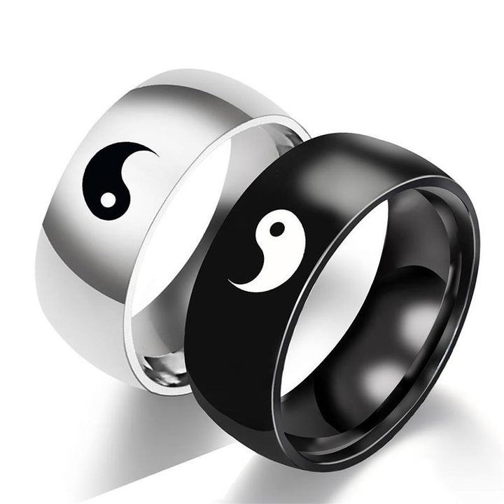 Anillo de pareja de acero titanio con equilibrio Yin Yang de Buddha Stones