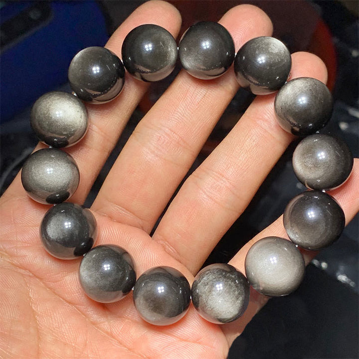 Pulsera de protección calmante de obsidiana brillante de plata natural con Buddha Stones
