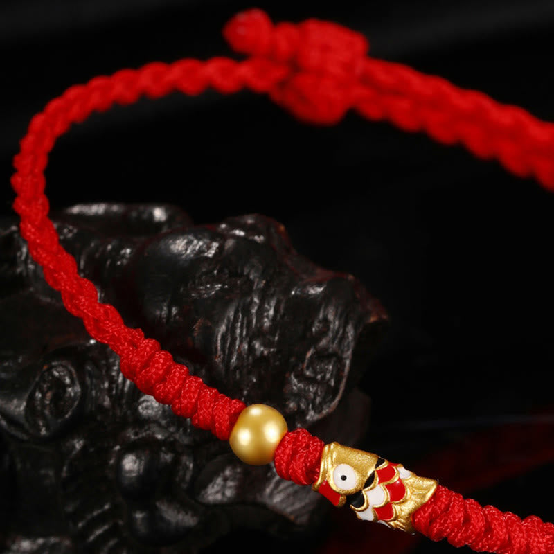 Pulsera de hilo trenzado hecha a mano con pez Koi de la suerte de oro 999 de Buddha Stones