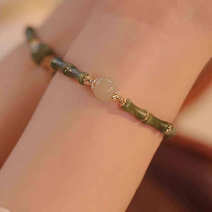 Pulsera de la suerte con patrón de bambú de jade hetiano, peridoto chapado en cobre de 14 quilates con Buddha Stones