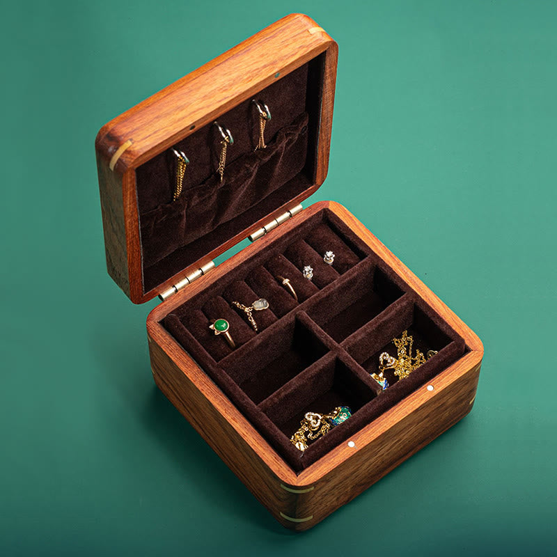 Caja organizadora de regalo de madera, caja de almacenamiento de joyería de palisandro hecha a mano con hoja de flor antigua