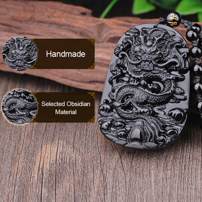 Collar con colgante de cumplimiento de dragón de piedra de obsidiana negra de Buddha Stones - image 8