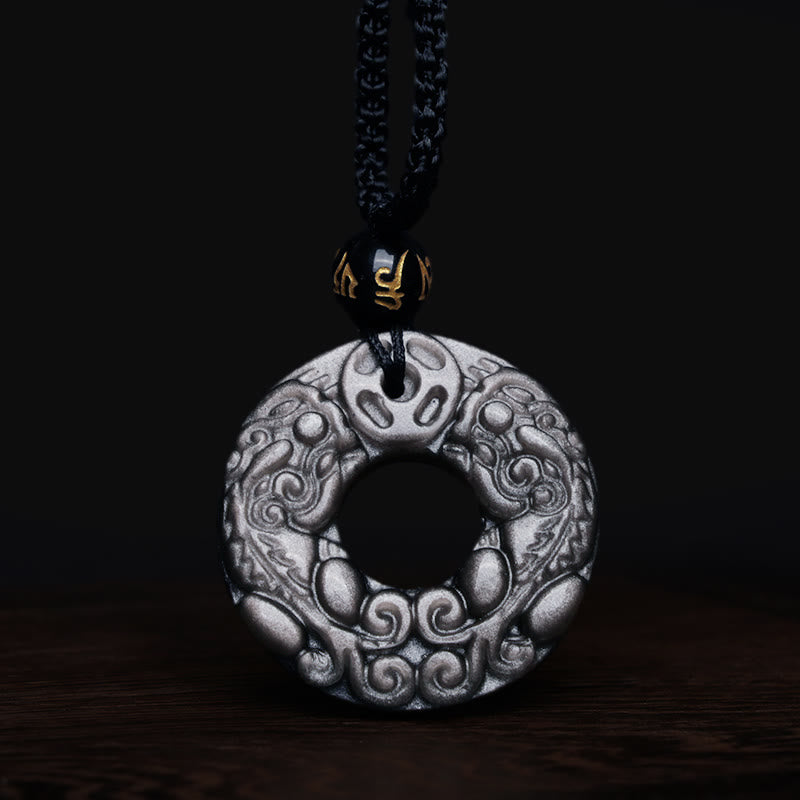 Colgante de collar de protección con hebilla de la paz, moneda de cobre PiXiu doble, obsidiana brillante de plata Natural , Buddha Stones - image 7