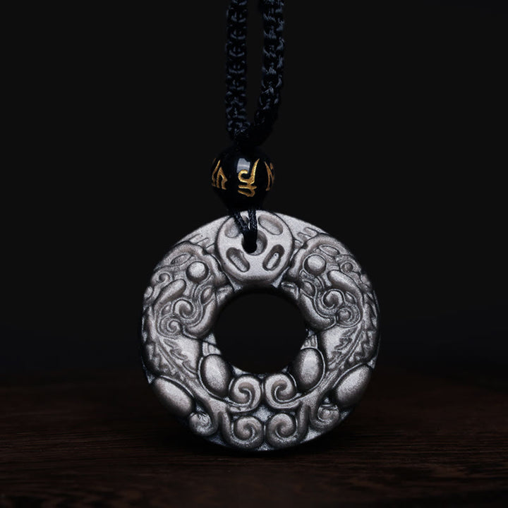 Colgante de collar de protección con hebilla de la paz, moneda de cobre PiXiu doble, obsidiana brillante de plata Natural , Buddha Stones - image 7