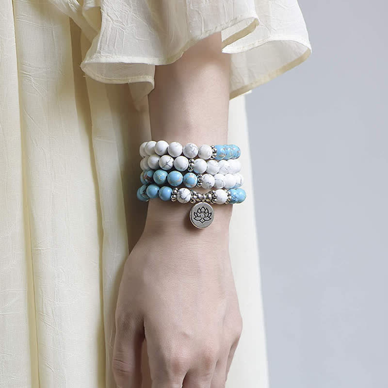 Pulsera de bendición de loto de piedra emperador turquesa blanca de 108 cuentas Mala