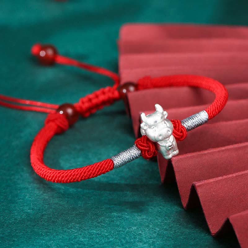 Pulsera de hilo rojo de la fuerza de la suerte del zodíaco chino de plata de ley 999 con Buddha Stones - Buey (tamaño de la pulsera 15,5 cm + 8 cm) - image 5