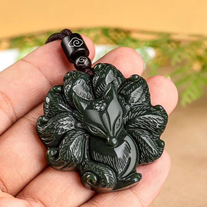 Colgante de cadena con collar de suerte de zorro de nueve colas de jade cian hetiano