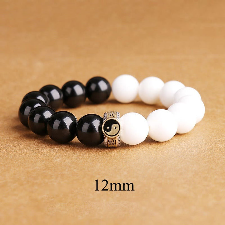 Pulsera de fuerza Yin Yang de concha blanca de obsidiana negra de plata de ley 925 con Buddha Stones