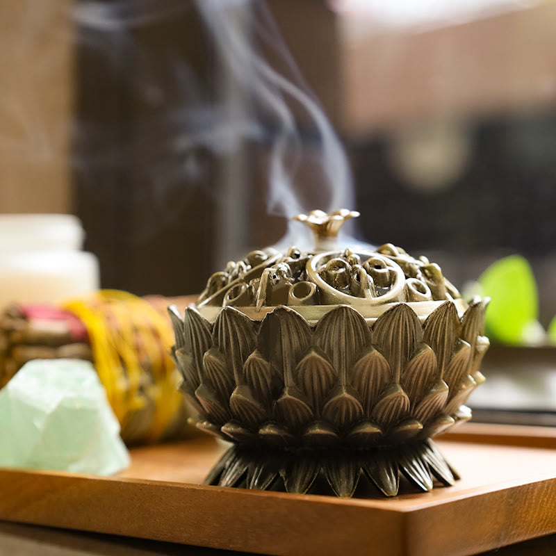 Quemador de incienso purificador en forma de loto tibetano con Buddha Stones