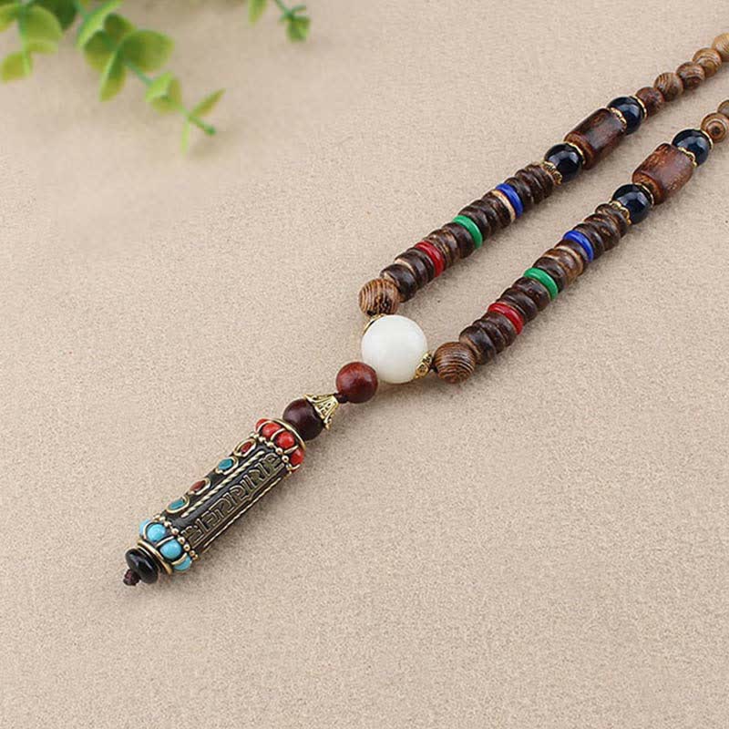Buddha Stones tibetano Om Mani Padme Hum Dzi cuentas wengué collar de madera colgante - image 4